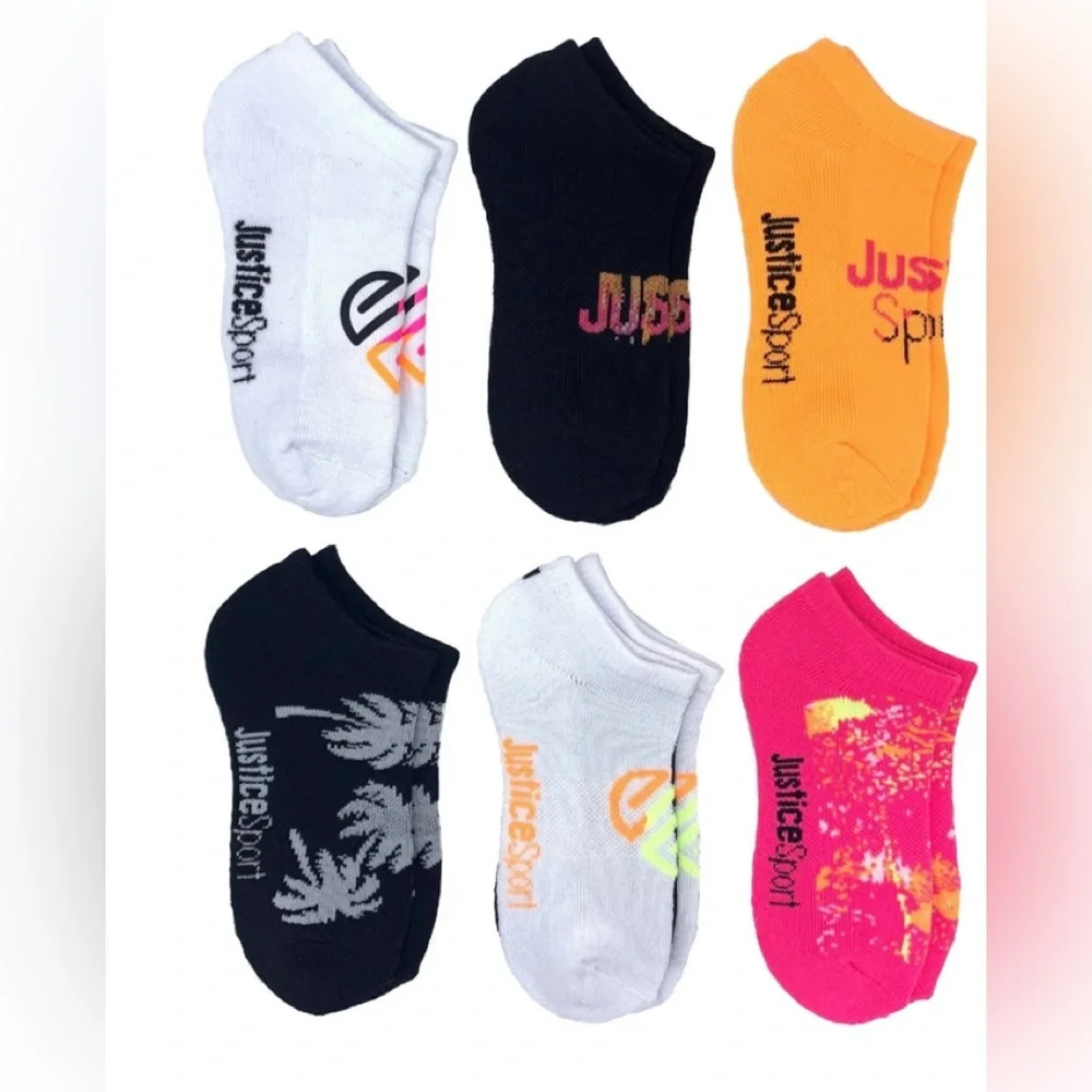 6 PK girl no show sports socks pink black white orange. Size L 4-10